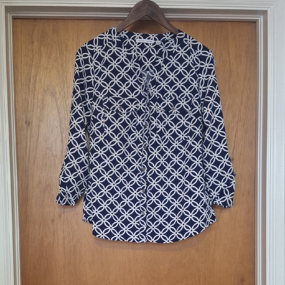 Notations Navy & White Geometric Blouse